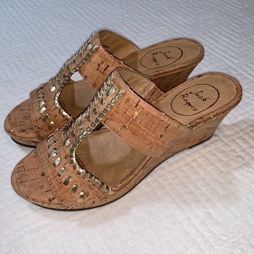 Jack Rogers Nora Cork Wedge Heel Sandals, Gold Accents, Size 6.5